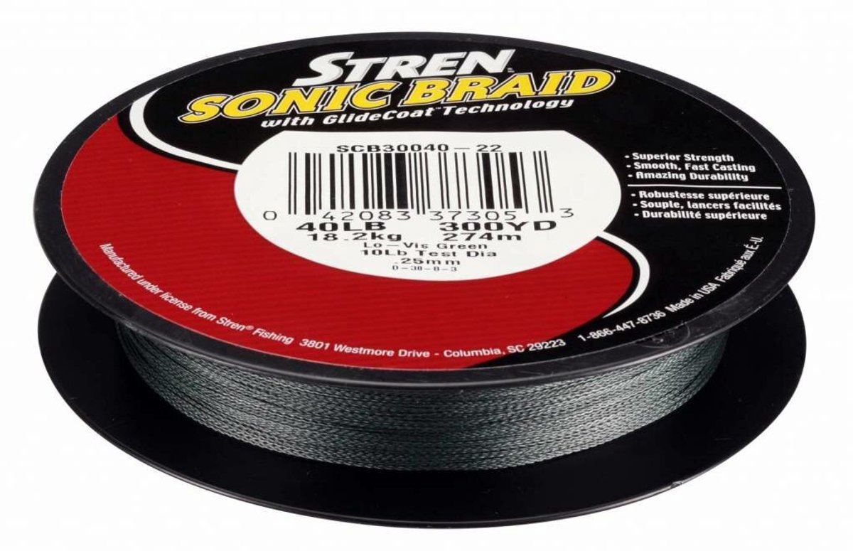 Original legacy Stren Sonic Braid SCB30040-22 spool label showing 40 lb, 300 yd, Lo-Vis Green and .25 mm