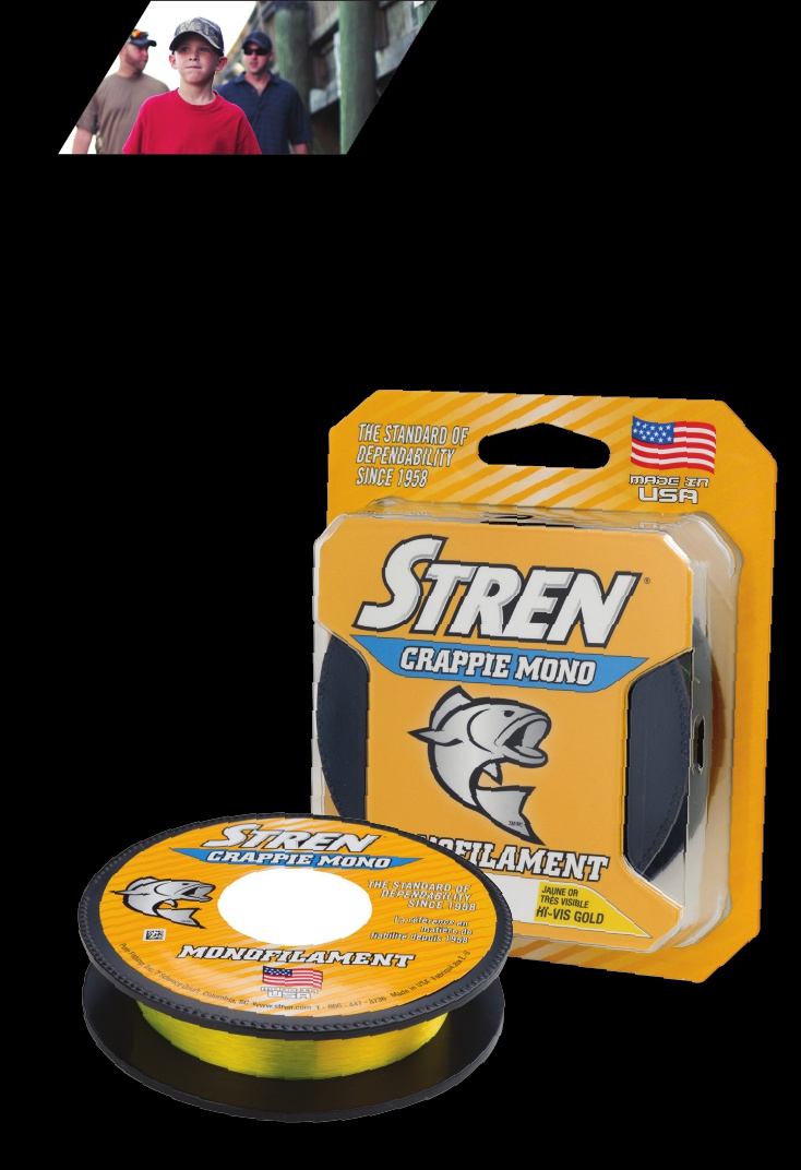 Original 2016 manufacturer artwork with Stren Crappie Mono Hi-Vis Gold package, spool and catalog lifestyle inset