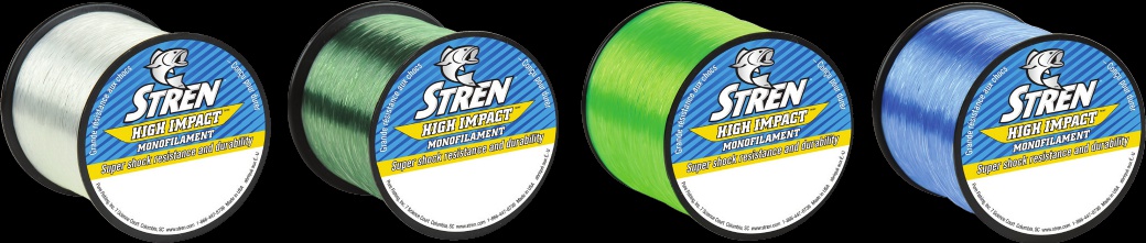 Original 2016 Stren manufacturer artwork showing High Impact mono spools in four colors; chart scope is Clear