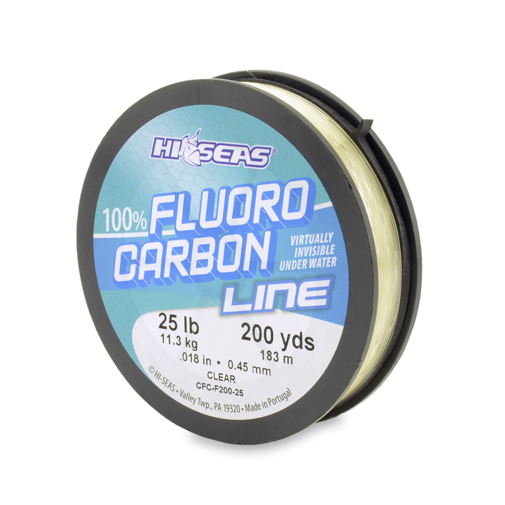 Actual Hi-Seas Clear 100% Fluorocarbon Line spool labeled CFC-F200-25, 25 lb, .018 inch, .45 mm and 200 yards.