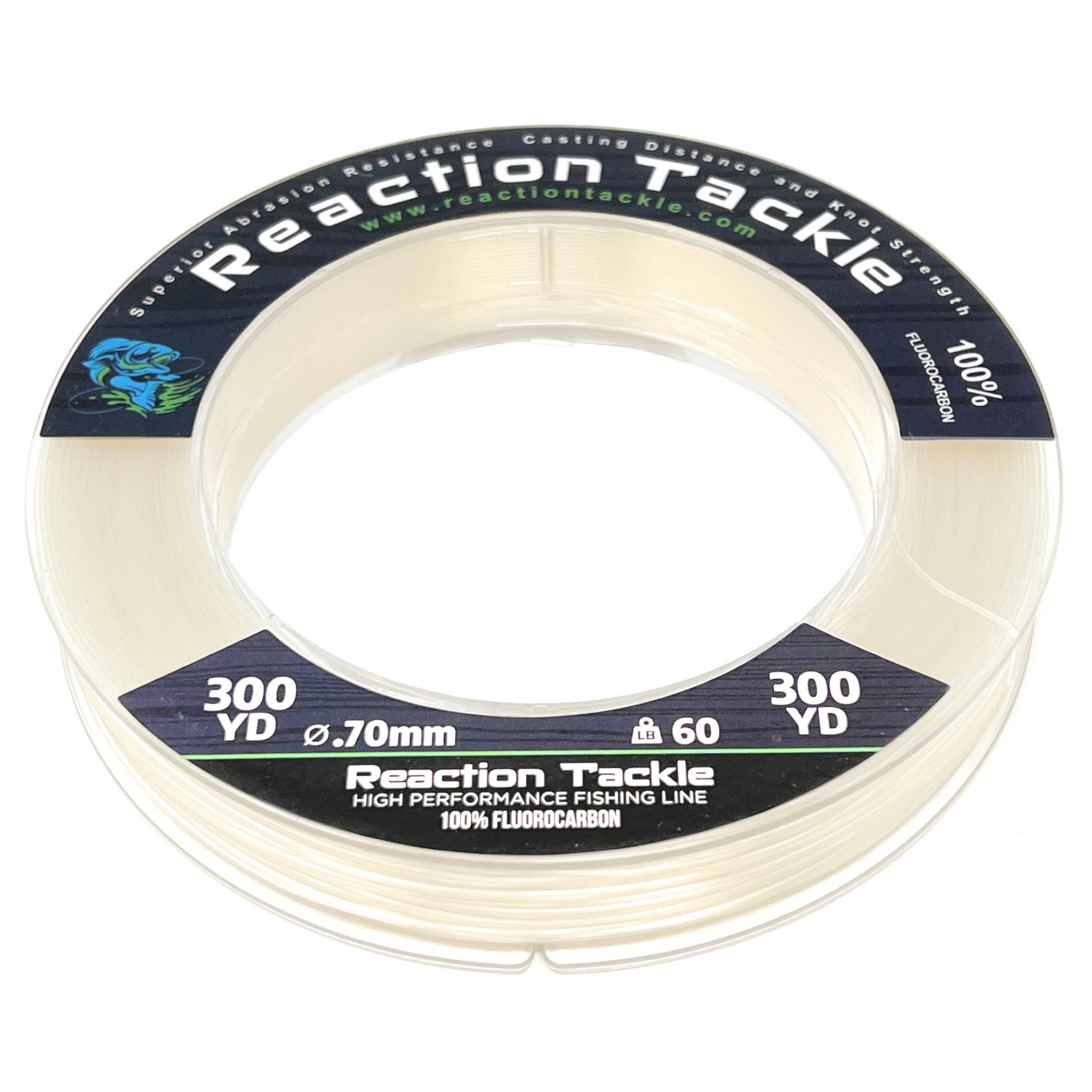 Reaction Tackle 100% Pure Fluorocarbon Clear manufacturer family photo, showing a 60 lb 300-yard package; the checked chart covers 6-25 lb variants.