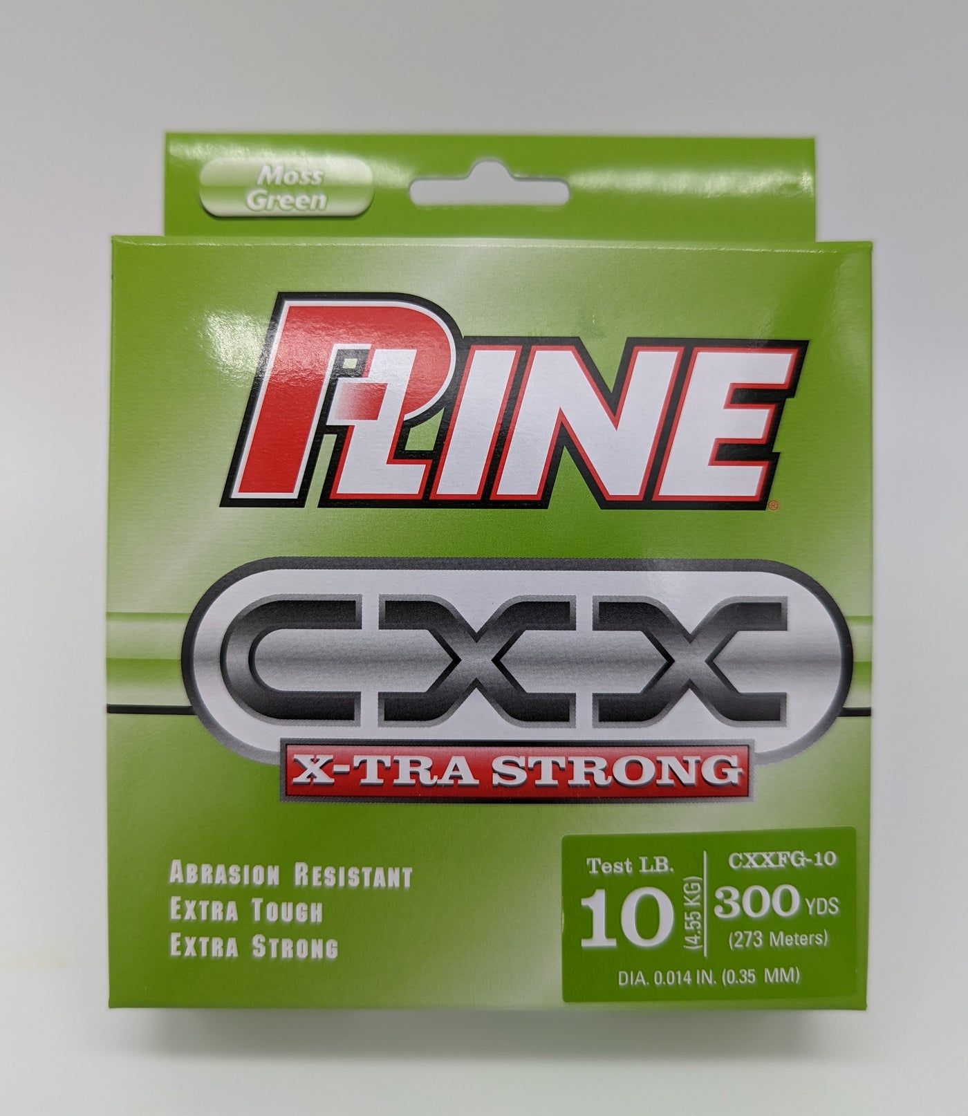 P-Line CXX X-Tra Strong Moss Green CXXFG-10 carton with its 10 lb and 300 yd label