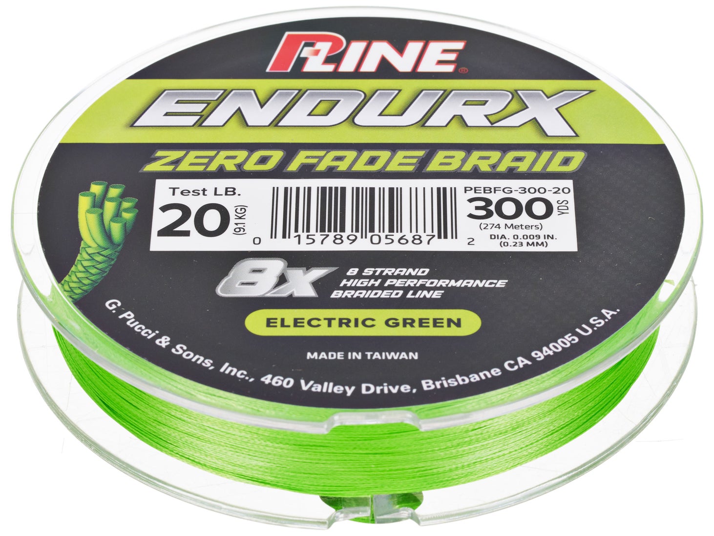 P-Line EndurX 8X Electric Green PEBFG-300-20 spool showing 20 lb, 300 yd, .009 in and .23 mm
