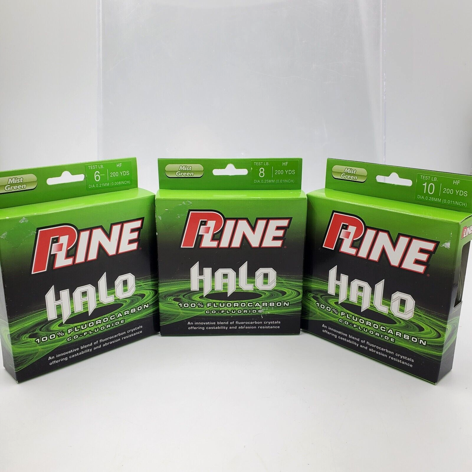 Three authentic P-Line HALO Mist Green 200 yd cartons with 6, 8 and 10 lb diameter labels