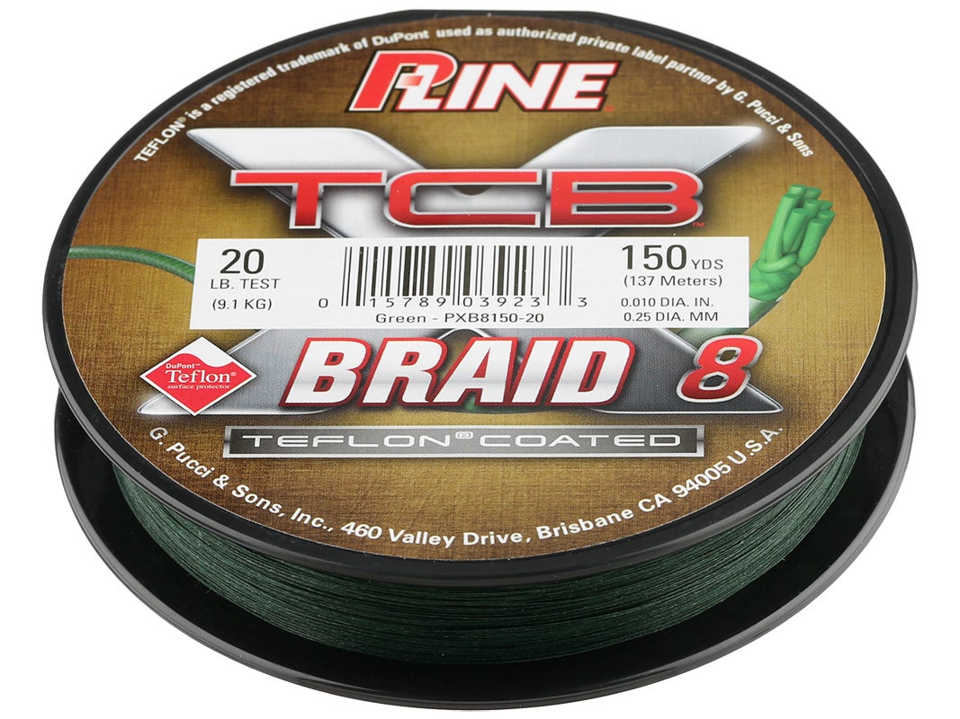 P-Line TCB 8 Green Teflon-labeled PXB8150-20 spool showing 20 lb and 150 yd