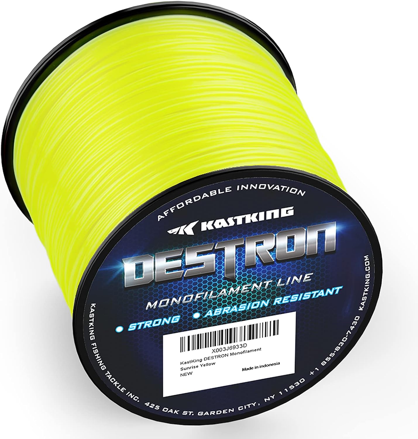 Original KastKing Destron Monofilament Sunrise Yellow spool with made-in-Indonesia label