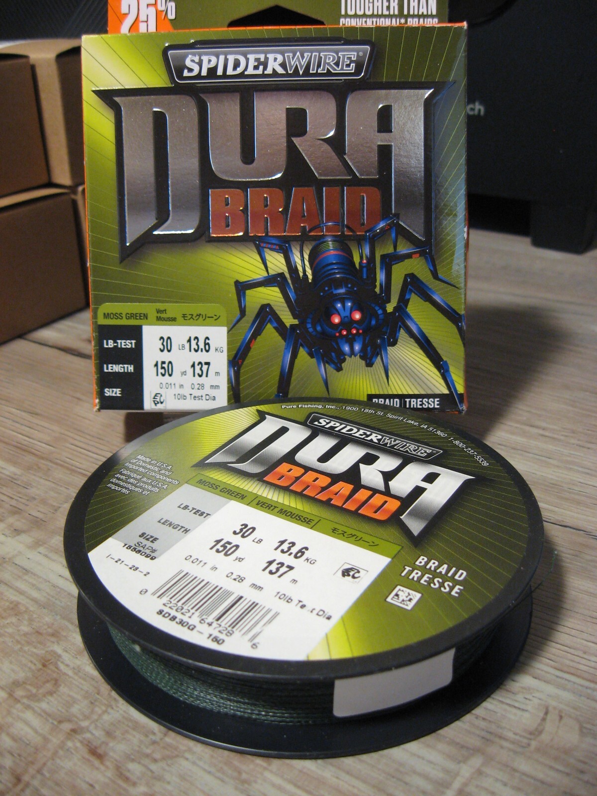 Original DuraBraid 30 lb Moss Green box and SDB30G-150 spool label showing .011 in, .28 mm and 150 yards