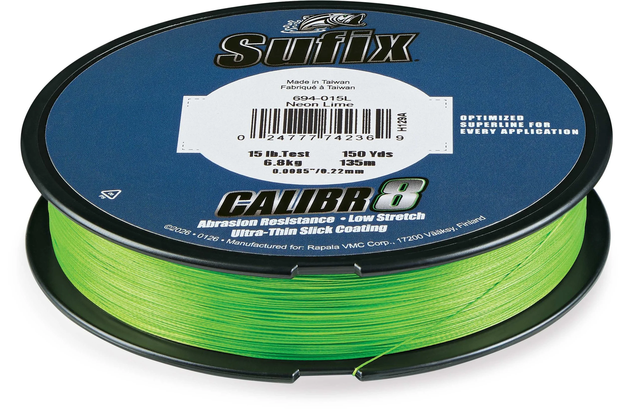 Sufix Calibr8 Neon Lime spool showing manufacturer SKU 694-015L, 15 lb and nominal 150-yard label
