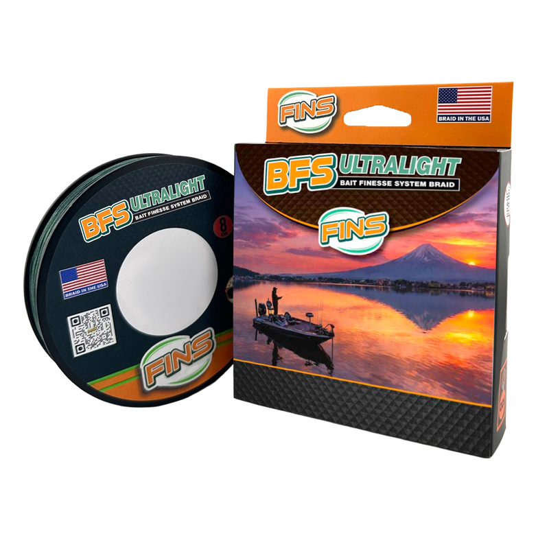 FINS BFS Ultralight Dark Green box and line spool, manufacturer photograph