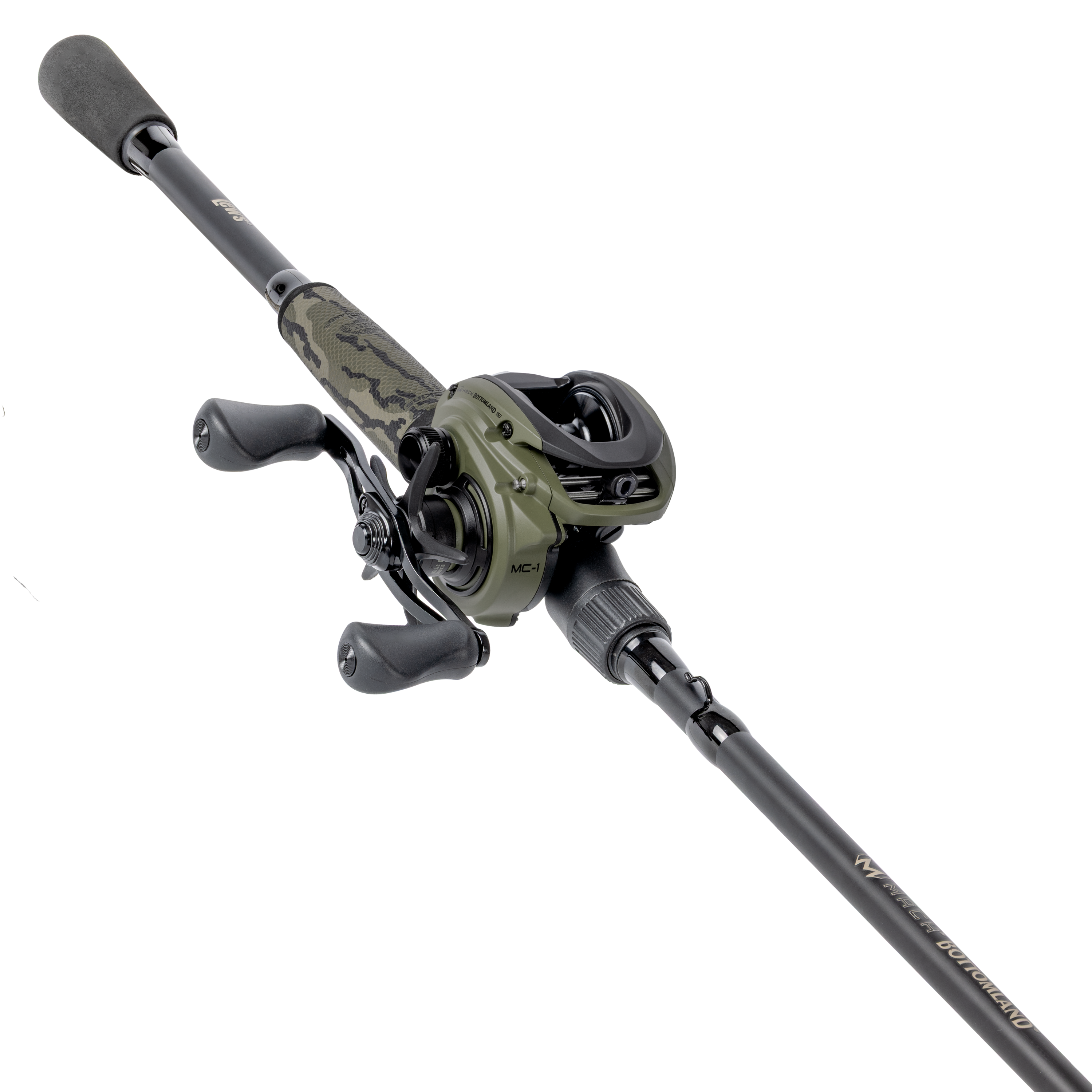 Lew's MACH Bottomland Baitcast 150 shown on a representative MACH Bottomland combo rod, manufacturer product photograph